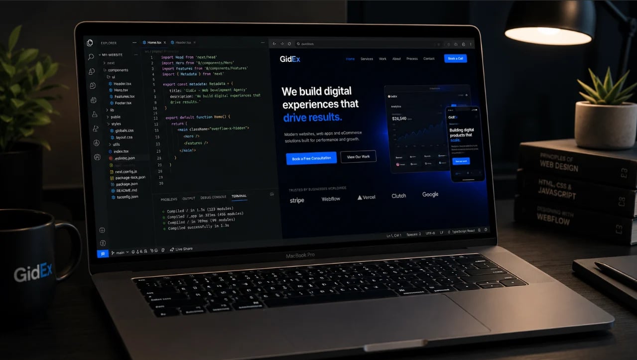 Laptop displaying a web design portfolio with code editor on the left and website mockup on the right, on a dark desk with plants and lamp