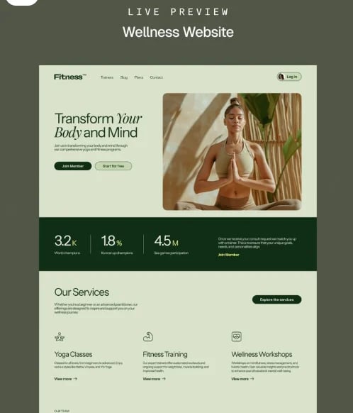 Live preview of a wellness website with fitness offerings, featuring a woman in yoga pose and statistics about memberships and programs