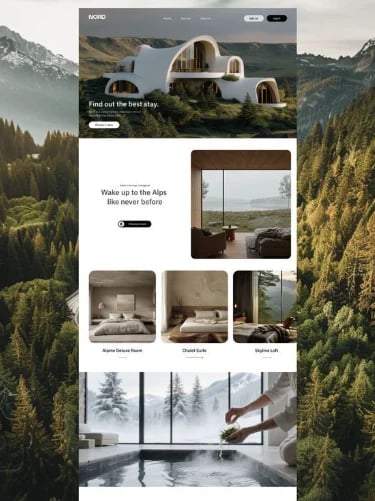 Luxury mountain resort website homepage showing modern white architectural pod-style accommodations nestled in alpine landscape with forest surroundings