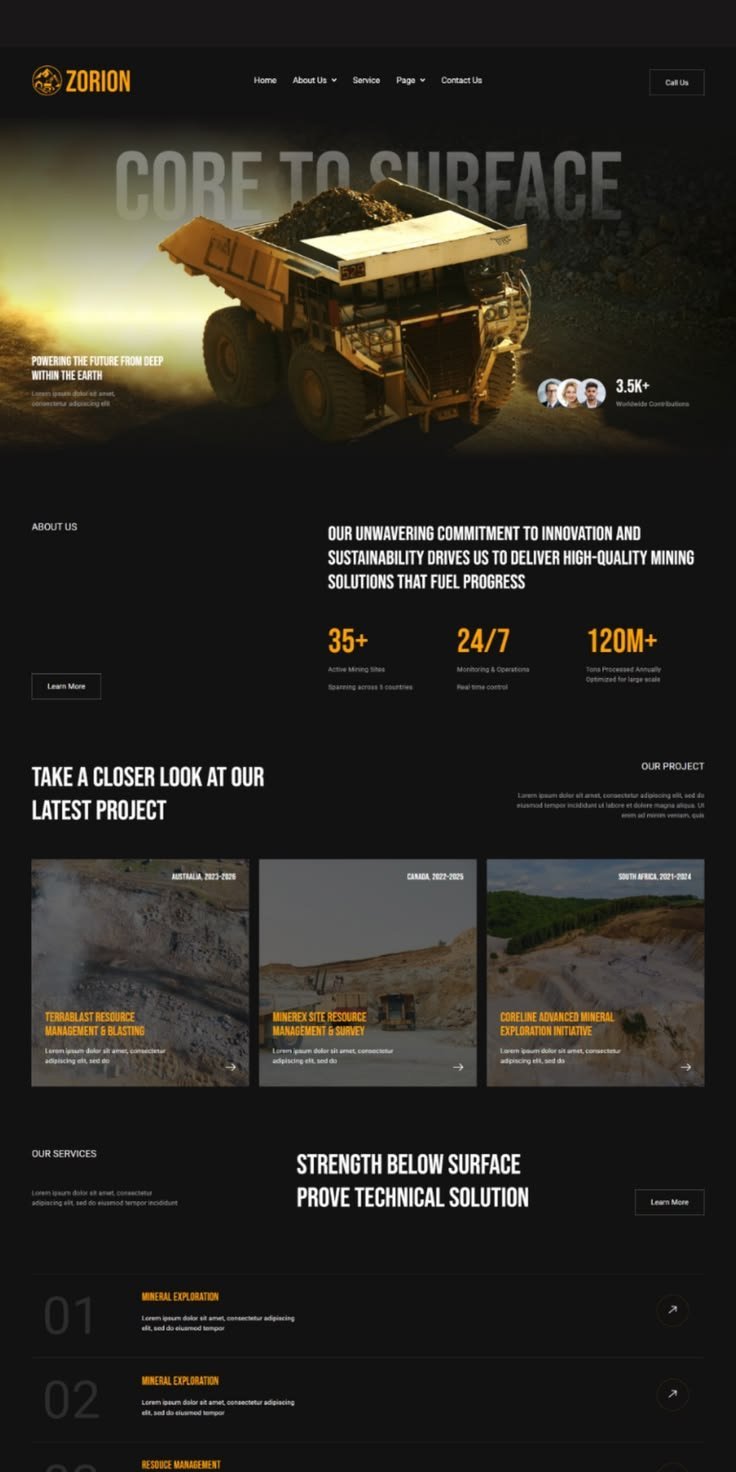 Website homepage for Zorion mining company featuring large dump truck at sunset with Core to Surface tagline and navigation menu