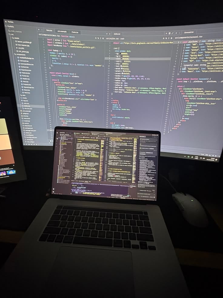 Developer workspace with laptop and large monitor displaying multiple code editor windows with colored syntax highlighting