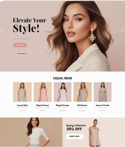 Fashion website homepage featuring woman in white sweater with Elevate Your Style banner and casual wear product categories below