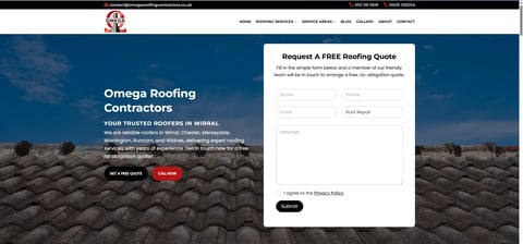 Omega Roofing Contractors website homepage featuring clay tile roof background with free quote request form overlay