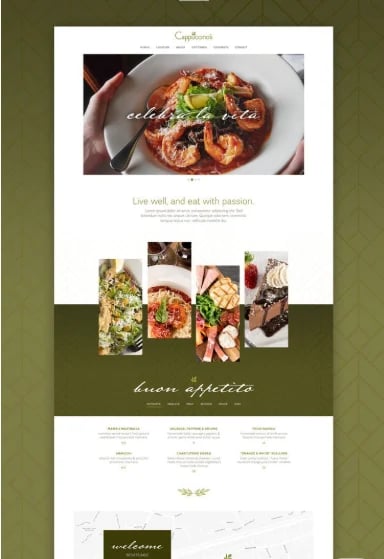 Capstone restaurant website homepage with shrimp dish, food gallery grid, and elegant culinary branding on olive green background