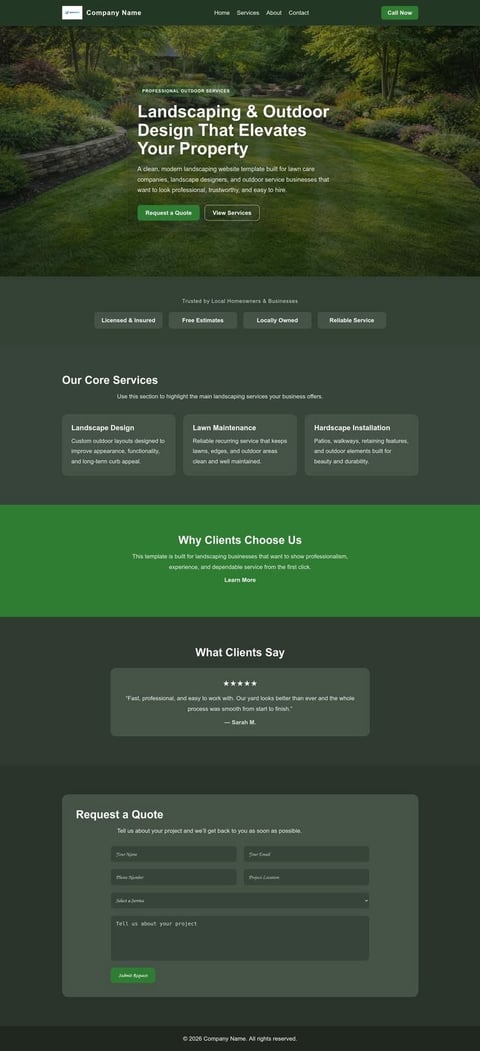 Professional landscaping and outdoor design website homepage with lush green lawn background and service offerings