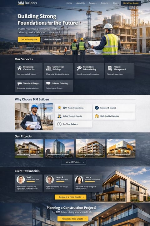 MM Builders website homepage featuring construction workers on site with cranes and building under construction in background