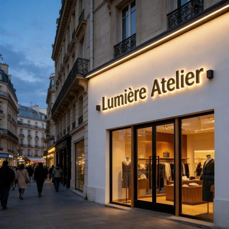 Lumiere Atelier storefront with illuminated white facade and glass doors on a Paris street at dusk, with people walking nearby