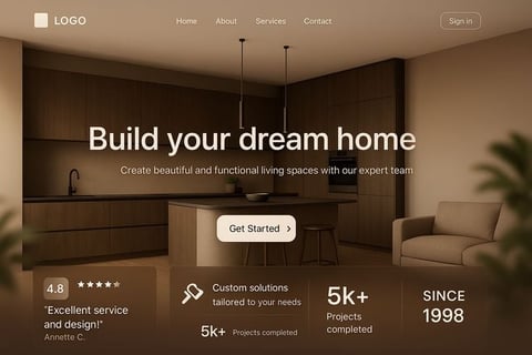Modern home design website hero section featuring a warm-toned interior with kitchen and living room, displaying company statistics and Get Started button